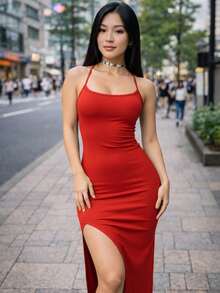 Women's Long Red Dress In Spandex With Padded Cups, Side Slit, Lace Back, Body-Shaping, For Parties - 紅色 - 查看 2