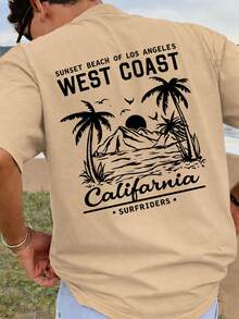 Camiseta Masculina Tropical Floral Vintage Camisa 100% Algodão California Beach Surf Manga Curta Casual com Gola Careca PROMOÇÃO - Bege - Visão 1