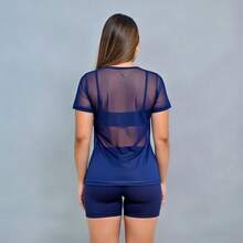 Set Of 3 Women's Tulle Tops For The Gym – Lightweight And Stylish - 3 Transparent Women's Workout Shirts – Comfort And Coolness - Set With 3 Fitness Tulle Tops - 粉紅色 棕色 藍色 - 查看 3