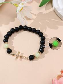 1条极简复古合金十字夜光珠黑色哑光串珠手链，男女皆宜 - 十字架串珠手鍊 - 查看 3