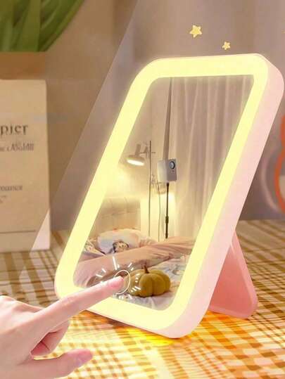 320mAh Espejo de maquillaje LED recargable por USB, espejo de vanidad portátil y plegable con 3 modos de iluminación (blanco, natural, cálido) y brillo ajustable, adecuado para tocador o dormitorio