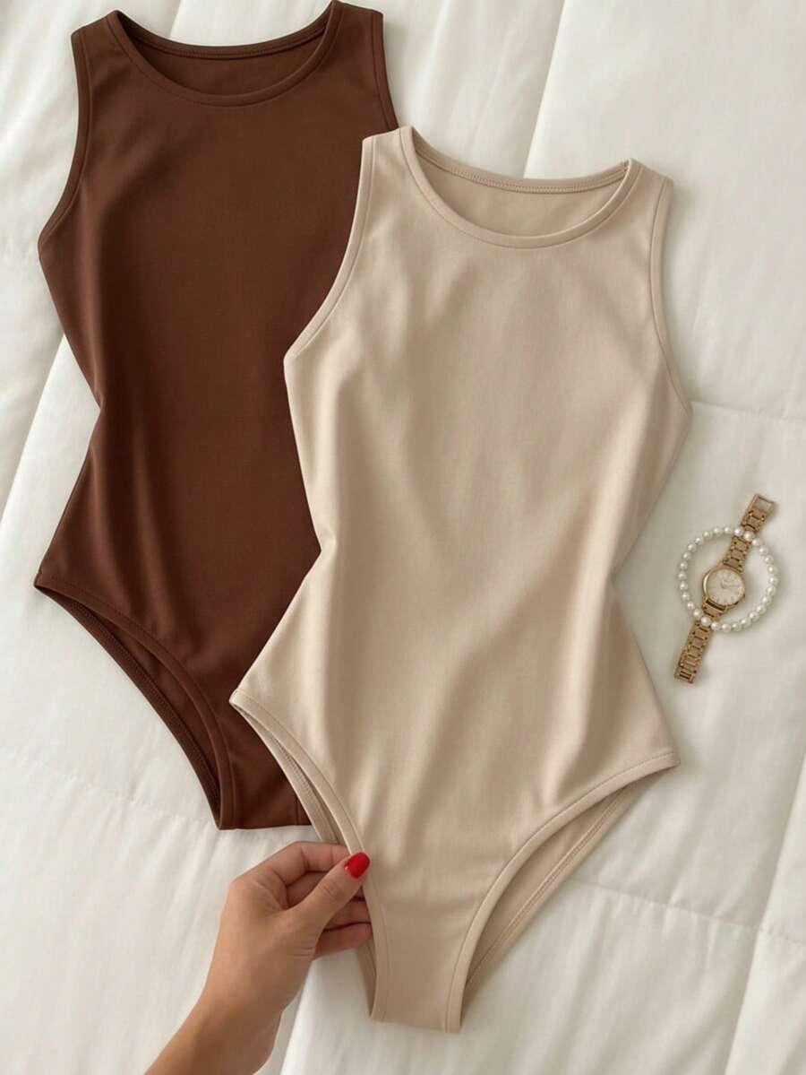 Women's Bodysuit Set: Tank Top, Bodysuit, Leotard, Versatile, Casual, Closed Back, Second Skin, Basic, Stylish, Various Colors - 2 MẢNH - MÀU NÂU VÀ BEIGE - Xem 1