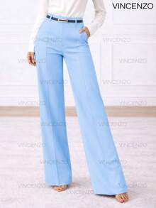 Women's Tailored Trousers, High Waist, Casual, Elegant, Belted, Wide Leg Pants - 淺藍色 - 查看 1