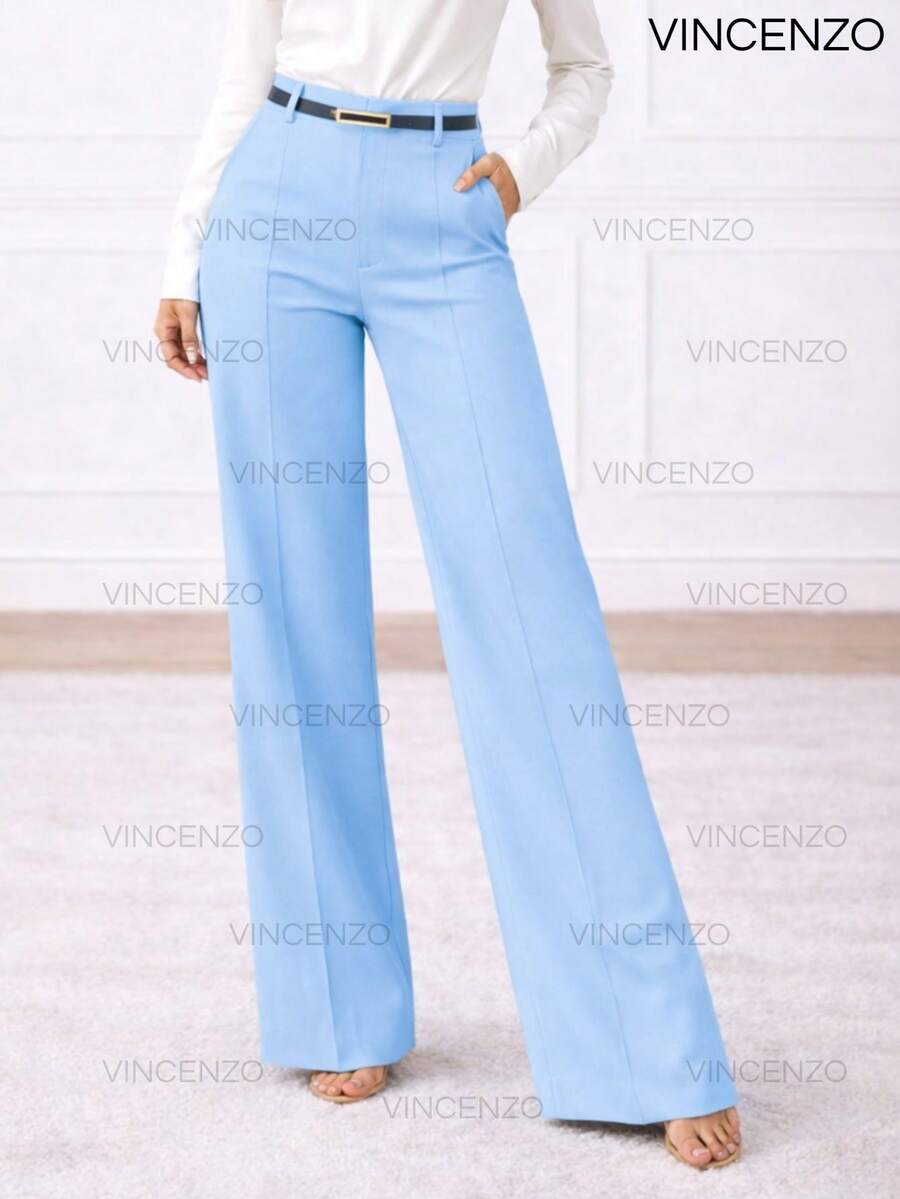 Women's Tailored Trousers, High Waist, Casual, Elegant, Belted, Wide Leg Pants - 淺藍色 - 查看 1