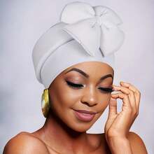 1. A Chic African-Style Headscarf For Women - Fashionable Solid Color Headscarf With A Large Bow, Elastic Polyester Chemo Cap, Machine Washable - Perfect For New Year And Holiday Celebrations - 白色 - 查看 2