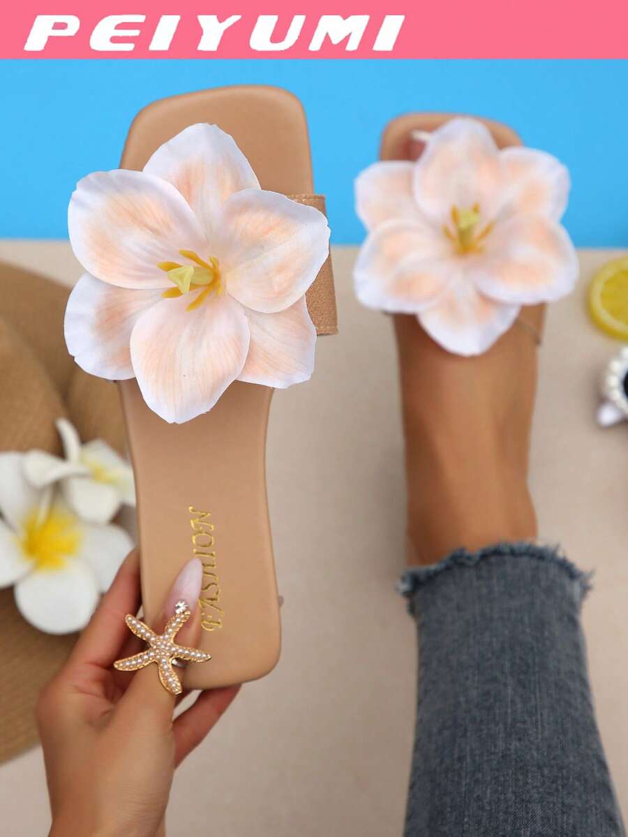 PEIYUMI 女士夏季新款花卉装饰时尚凉鞋，休闲沙滩居家百搭拖鞋