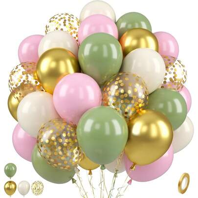 50pcs Mint Green & Pink Balloons, 10-Inch Gold Glitter Avocado Green & White Balloons, Suitable For Birthday Jungle Theme Party