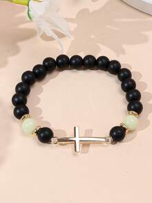 1条极简复古合金十字夜光珠黑色哑光串珠手链，男女皆宜 - 十字架串珠手鍊 - 查看 6