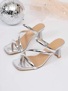 Women's High Heel Sandals, Thick Heel, Fashionable Butterfly & Flower Design, Wedding Princess Shoes - Silver - View 9