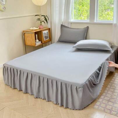1件装柔软云朵系列纯色床裙，单件多尺寸床裙，优雅家居装饰，丝滑柔顺，褶皱荷叶边，温暖浪漫，松紧带设计，适合各种床垫，四季皆宜，增添美感，适用于卧室、客房、特大床、单人床、酒店，可拆卸机洗