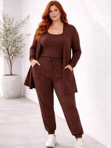 Plus Size 3-Piece Woolen Set: Cardigan, Tank Top, Pants - Simple, Casual, And Elegant - 鏽棕色 - 查看 3