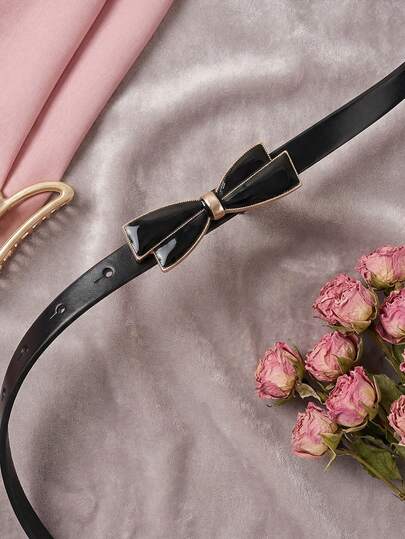 1件女士新款时尚蝴蝶结腰带，高档PU黑色细腰带，连衣裙装饰