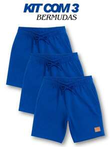 Set Of 3 Boys' Cotton Fleece Shorts With 2 Large Pockets - Royal/Royal/Royal - View 2