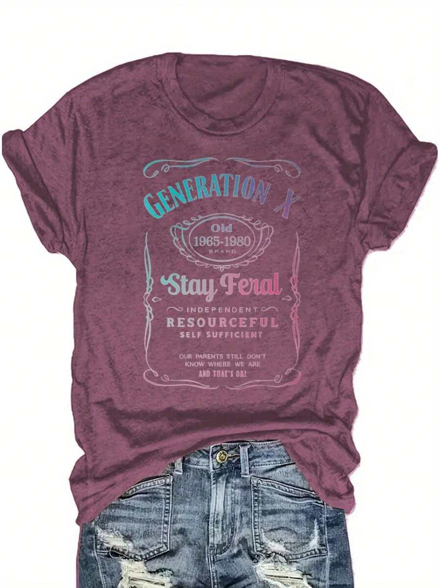 Double-Sided Printed Colored Cotton T-Shirt  Comfortable, Stylish With Minimalist Design, Casual & Versatile, INS Style Generation X Stay  Independent Resourceful Self Sufficient 100 - 酒紅色 - 查看 1