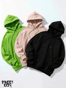 Set Of 3 Colorful Kangaroo Hoodies Streetwear Street Fashion Urban Culture Skaters Unisex 100% Cotton Premium Top Streetwear New Release Immediate Shipping Various Colors!! - 青檸綠,米色和黑色 - 查看 1