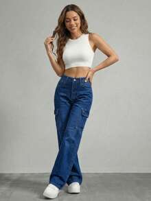 Wide-Leg Denim Pants With A Flattering High Waist And Functional Cargo-Style Side Pockets - Blue H2KB13 - View 2