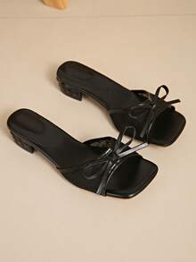 Mesh Soft Leather Square Toe Wide Feet Sandals, Kitten Heel Slippers, Versatile Thin Heel Thong Sandals For Women - Black - View 4
