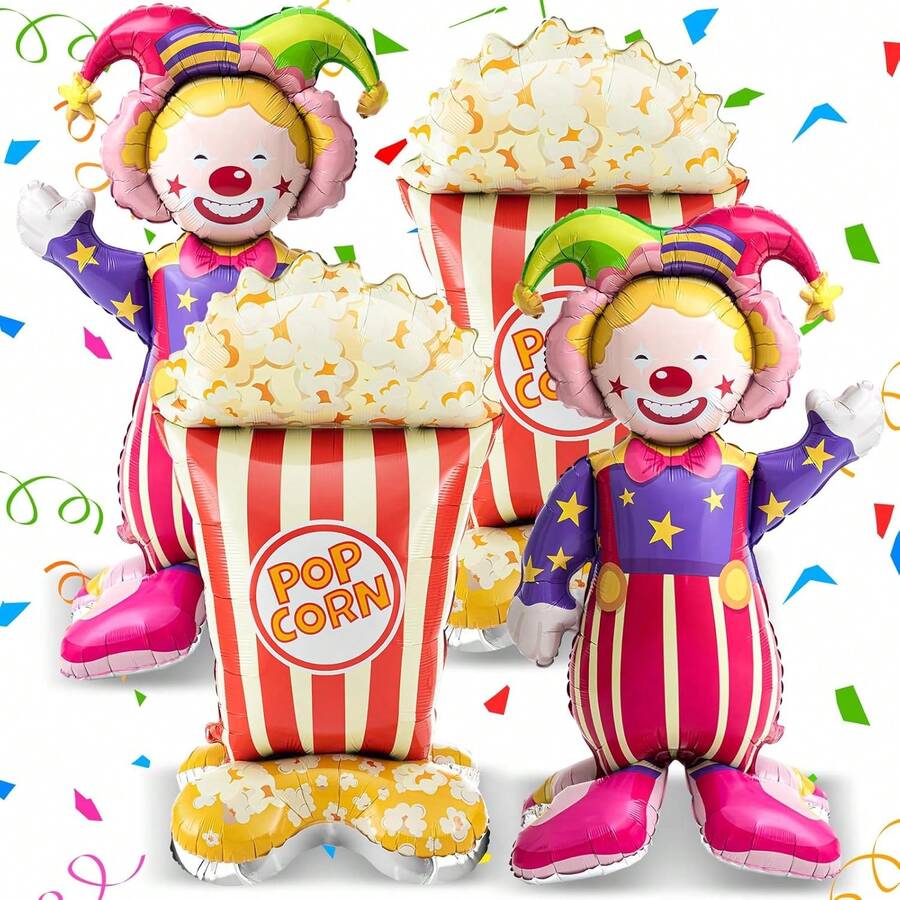 4 Pcs 4ft 3D Self Standing Popcorn Clown Balloons Giant Circus Carnival Foil Balloon For Carnival, Circus Themed, Movie Night Birthday Party Decoration - 1 - View 1