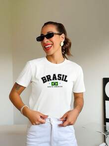 Women's T-Shirt With Brazil World Cup Print, Cotton Blouse, Round Neck - Blanco - Ver 1