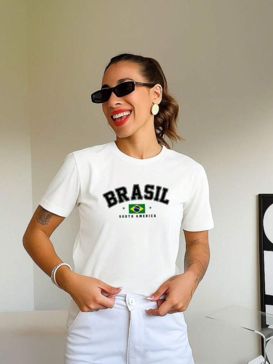 Women's T-Shirt With Brazil World Cup Print, Cotton Blouse, Round Neck - Blanco - Ver 1