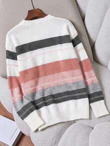 Women's Sweaters, Round Neck Striped Knit Pullover, Long Sleeve Casual Top For Spring Daily Wear, Lightweight Relaxed Fit Sweater - Grey - View 5