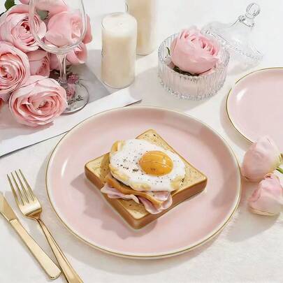 100pcs/Set, 50pcs/Set, 25pcs/Set, 10pcs/Set Luxury Pink Rimmed Ceramic-Texture Paper Plates, 10.25"/7.5" Dinner Plates, High-End Elegant Tableware For Party, Birthday, Wedding, Material, & Durable, Instagrammable Serving Platters, Housewarming Gift