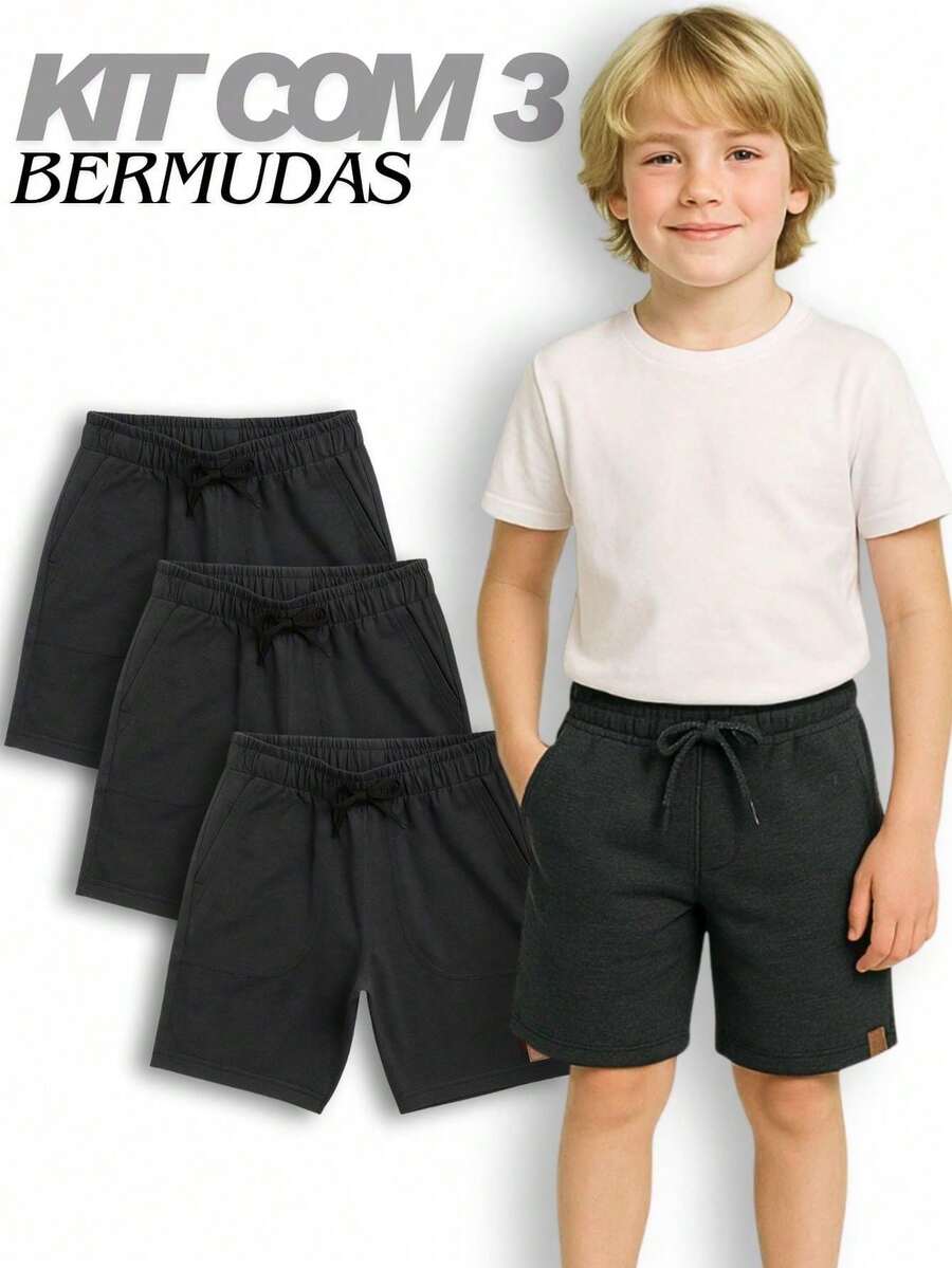 Set Of 3 Boys' Cotton Fleece Shorts With 2 Large Pockets - Gray/gray/gray - View 1