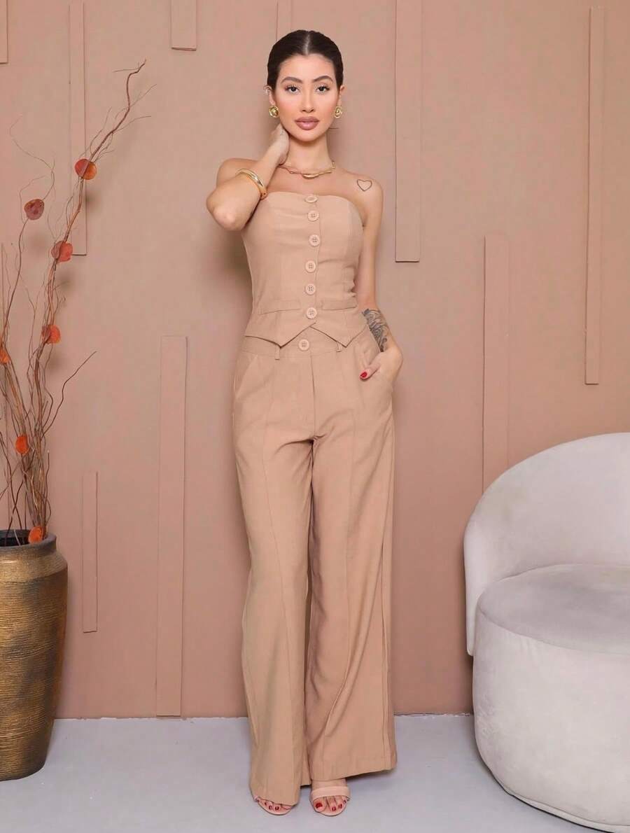 Women's Strapless Tailored Set With Wide-Leg Trousers And Elegant Vest With Buttons, Marrant Sensual Fabric - 米色 - 查看 1