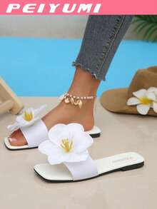 PEIYUMI 女士夏季新款花卉装饰时尚凉鞋，休闲沙滩居家百搭拖鞋 - 白色 - 查看 9