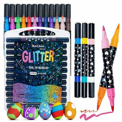 Chen Rui 24/48/72/96 Colors Glitter Brush Pens,Markers For Coloring,Dual-Tip Dual-Color 1-5mm Soft Brush Glitter Pens, Suitable For Graffiti, Writing, Glitter Art Crafts, Adult DIY Crafts, Greeting Cards, Birthday Cards, Craft Supplies, Office Supplies, School Supplies, Student Supplies