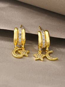 一对金色耳环，时尚优雅简约奢华高端金铜镶嵌立方氧化锆吊坠耳环，适合女性日常佩戴 - 金色 - 查看 3