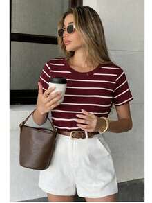 Women's Ribbed Cotton Striped Basic Two-Tone T-Shirt - Casual Autumn/Winter/Summer American Style - 條紋葡萄酒 - 查看 1