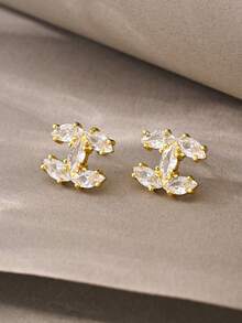 1 Pair Gold Earrings, Fashionable Elegant Minimalist Luxury High-End Gold Copper Inlaid Cubic Zirconia Pendant Earrings, Suitable For Women's Daily Wear - Gold - View 2