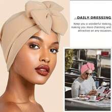 1. A Chic African-Style Headscarf For Women - Fashionable Solid Color Headscarf With A Large Bow, Elastic Polyester Chemo Cap, Machine Washable - Perfect For New Year And Holiday Celebrations - 白色 - 查看 4