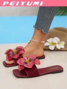 PEIYUMI Dép xăng đan thời trang mùa hè mới dành cho nữ, họa tiết hoa, kiểu dáng thoải mái, thích hợp đi biển và ở nhà. - Màu Đỏ Sâu - Xem 5