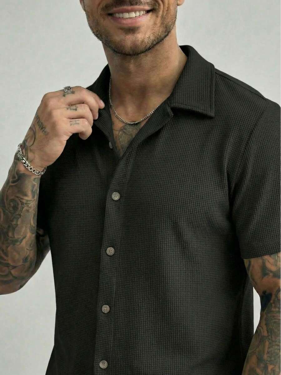 Men's Waffle Shirt For Casual Summer Wear - 黑色 - 查看 1