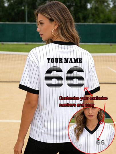 Top personalizado para mujer - Camiseta divertida personalizable oversize, Camiseta a rayas blanca y negra personalizable, Camiseta de jersey deportivo personalizable con número de la suerte, Agrega tu texto/nombre/número de la suerte/número de jugador deportivo/fecha de reunión/aniversario para diseñar tu propia camiseta impresa personalizada, excelente para fiestas, ver juegos con amigos, uniformes de equipo