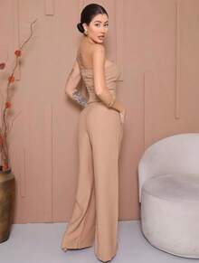 Women's Strapless Tailored Set With Wide-Leg Trousers And Elegant Vest With Buttons, Marrant Sensual Fabric - 米色 - 查看 3