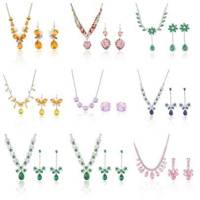 奢华绿白锆石叶子套装：花朵水滴项链+耳环，时尚饰品，适合约会和日常佩戴