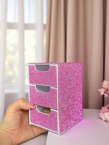 1pc Fully Rhinestoned 3-Drawer High-Aesthetic Desktop Storage Box, Jewelry & Cosmetics Organizer - Multicolor - View 5