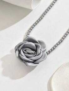 1pc Women's Elegant Faux Pearl Fabric Flower Beaded Necklace, Suitable For Party Wear - Grey - View 11