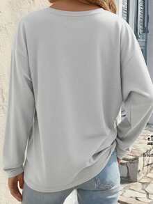 Playera camiseta gráfica dama mujer manga larga cuello redondo básica cómoda fresca ligera moderna juvenil casual urbana suave frío estampado líneas rayas random animal print corazón corazones lunares imitación brillos - Gris Claro - Ver 2