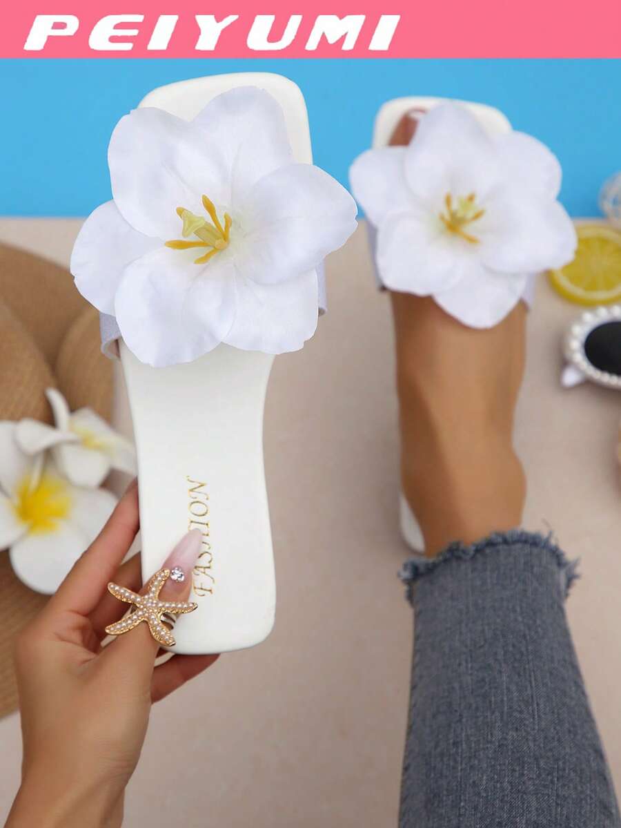 PEIYUMI 女士夏季新款花卉装饰时尚凉鞋，休闲沙滩居家百搭拖鞋