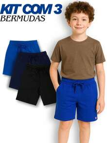 Kit com 3 Bermudas de Moletom Algodão Menino com 2 Bolsos Grandes - Preto/Royal/Marinho - Visão 2