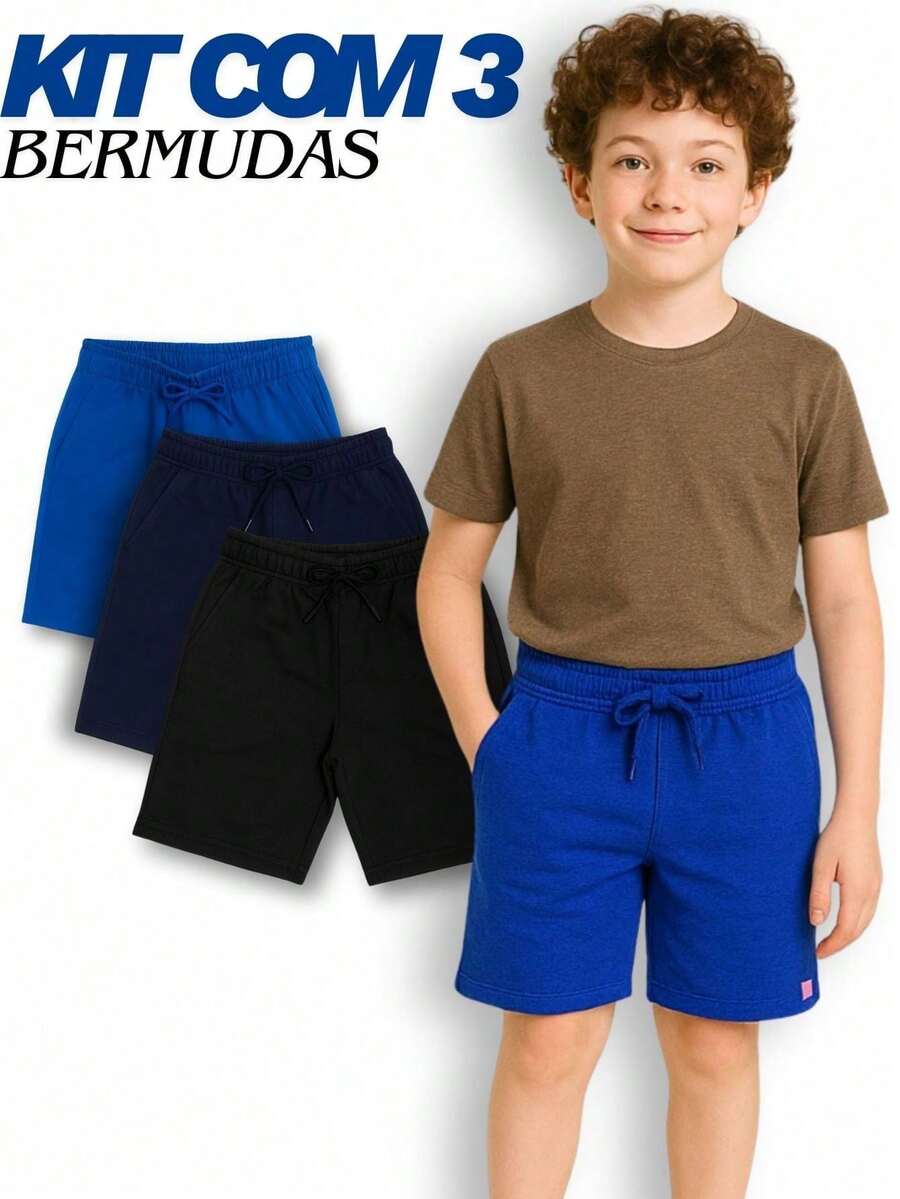 Kit com 3 Bermudas de Moletom Algodão Menino com 2 Bolsos Grandes