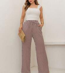Wide Leg Striped Palazzo Pants With Elastic Waistband And Pockets. - Mocha Brown - View 5
