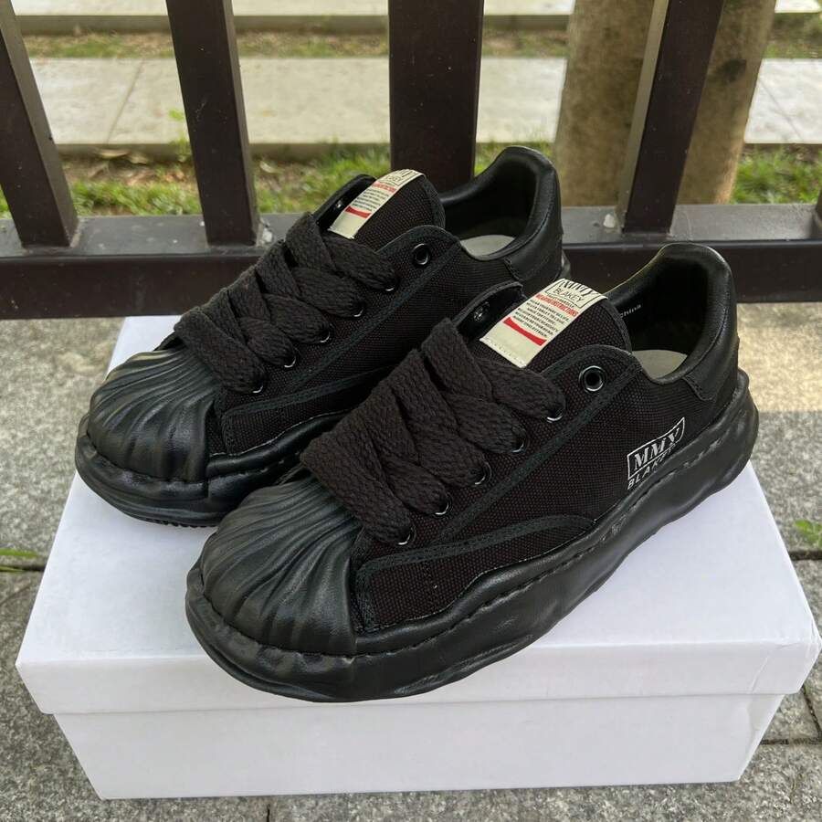 Fashionable Street Style Preppy Women And Men Canvas Sneakers Black Large Size Lace-Up Platform Casual Skateboard Shoes Tennis - 純黑色 - 查看 1