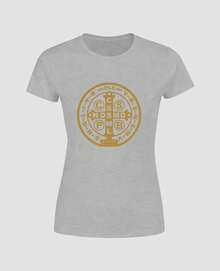 Women's T-Shirt With Saint Benedict Medal, Religious Baby Look, Christian, Catholic Faith, The Holy Cross, Shield Of Divine Protection. - 灰色 - 查看 3