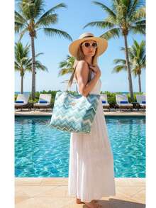 Large Elegant Chic Women's Beach Bag With Waterproof Zipper - Màu xanh Bạc hà - Xem 1