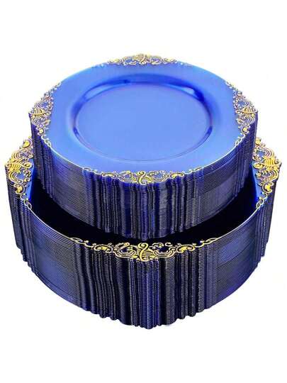 50pcs/25pcs/20pcs/10pcs 7.5inch/10.25inch Transparent Blue Rimmed Plates, Available In Glass Or Plastic Material, Western Dinner Plates, Party Plates, Pasta Plates, Reusable Blue Rimmed Plates, Transparent Blue Baroque Style Plates With Gold Foil Rim, Suitable For Party, Banquet, Wedding, New Year, Valentine's Day, Premium Plate Set
